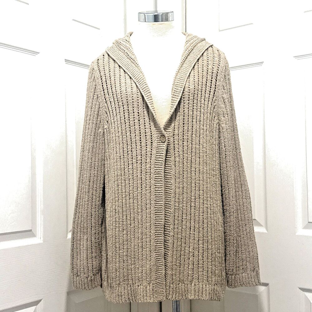 J Jill 2X Beige Soft Weave Cotton Blend Open Knit Button Hooded Sweater Cardigan